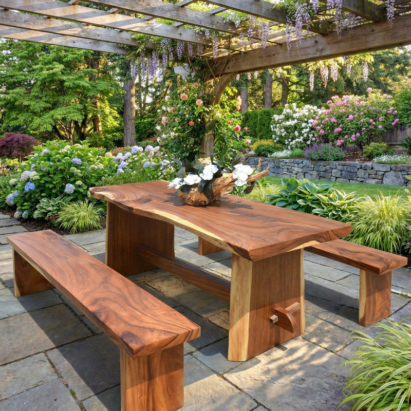 Suar aka Monkey Pod Wood Live-Edge Dining Table and Benches