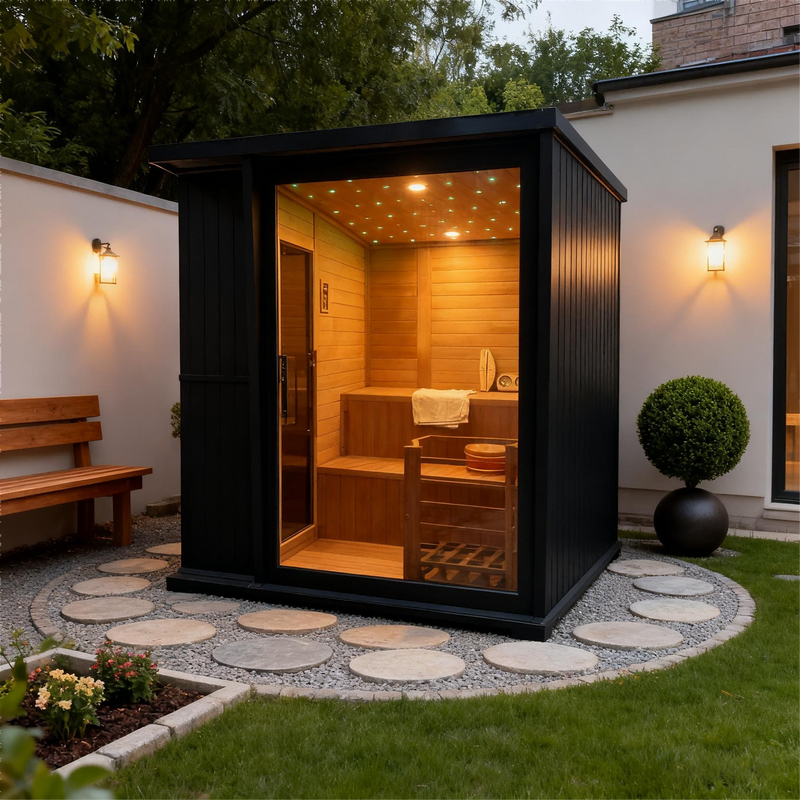 New Luxury High-End Black Square Outdoor Sauna – Modern Backyard Wellness Cabin