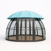 Dome-shaped structure with a transparent glass wall and a blue canopy on a white background