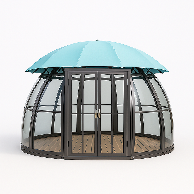 Dome-shaped structure with a transparent glass wall and a blue canopy on a white background