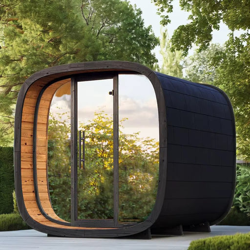 Helius Modern outdoor 4 person sauna with curved wooden design in a forest setting
