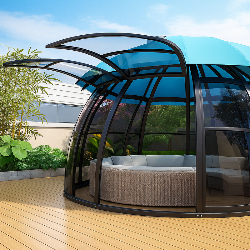 Modern outdoor cabana with curved glass walls on a wooden deck.