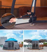 Person setting up a large outdoor canopy structure on a rooftop with close-up details.