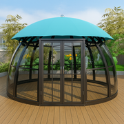 Round gazebo with a turquoise roof on a wooden deck