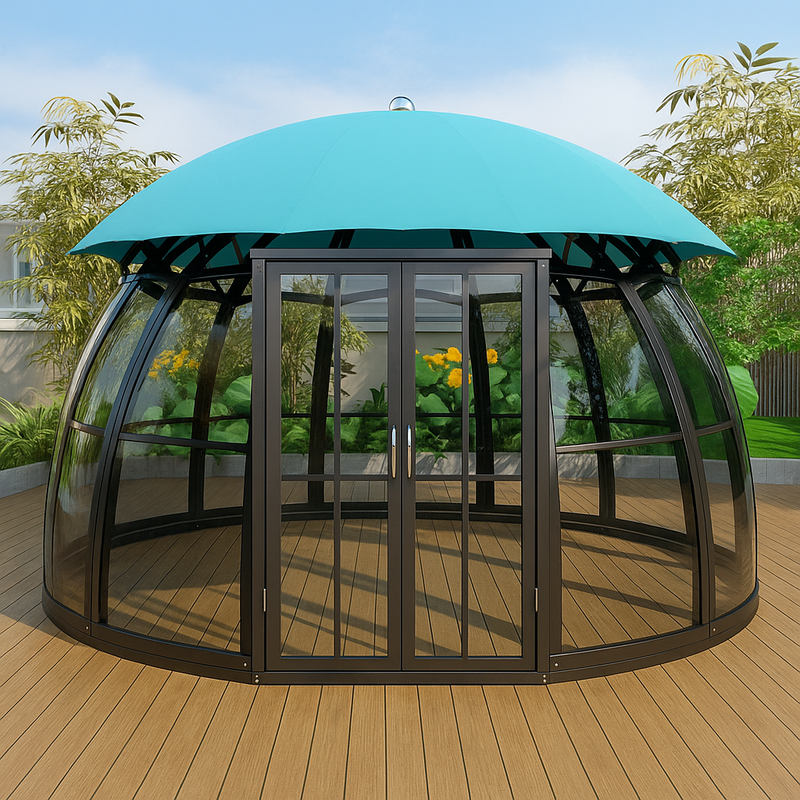 Round gazebo with a turquoise roof on a wooden deck