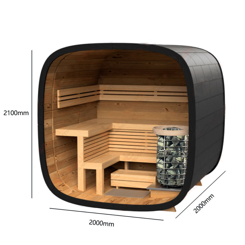 Wooden sauna with dimensions indicated on a white background